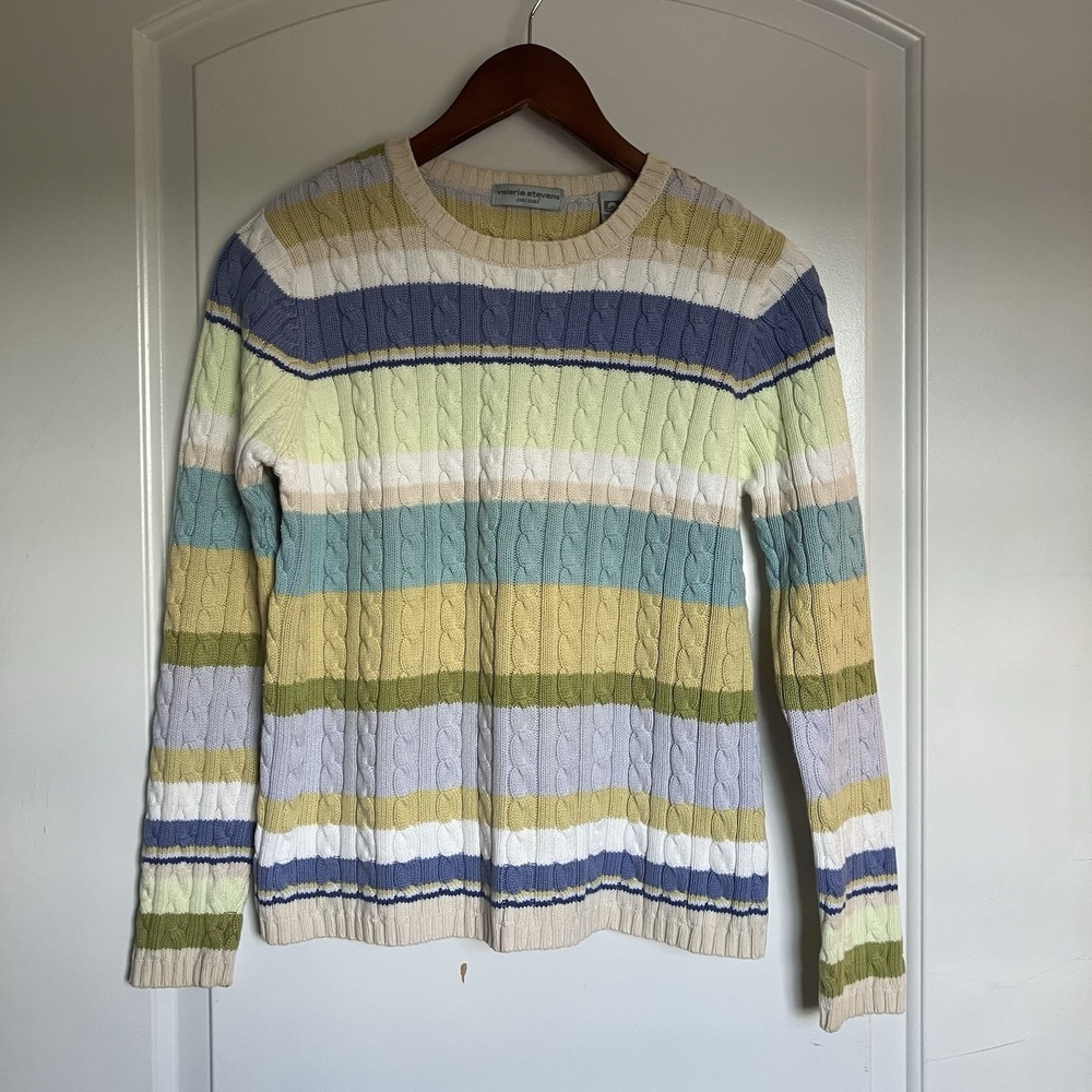 Valerie Stevens 100% cotton cable knit striped crew neck long sleeve sweater S